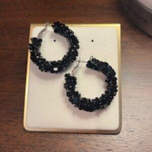 EUC Silver Tone Black Crystal Hoop Earrings